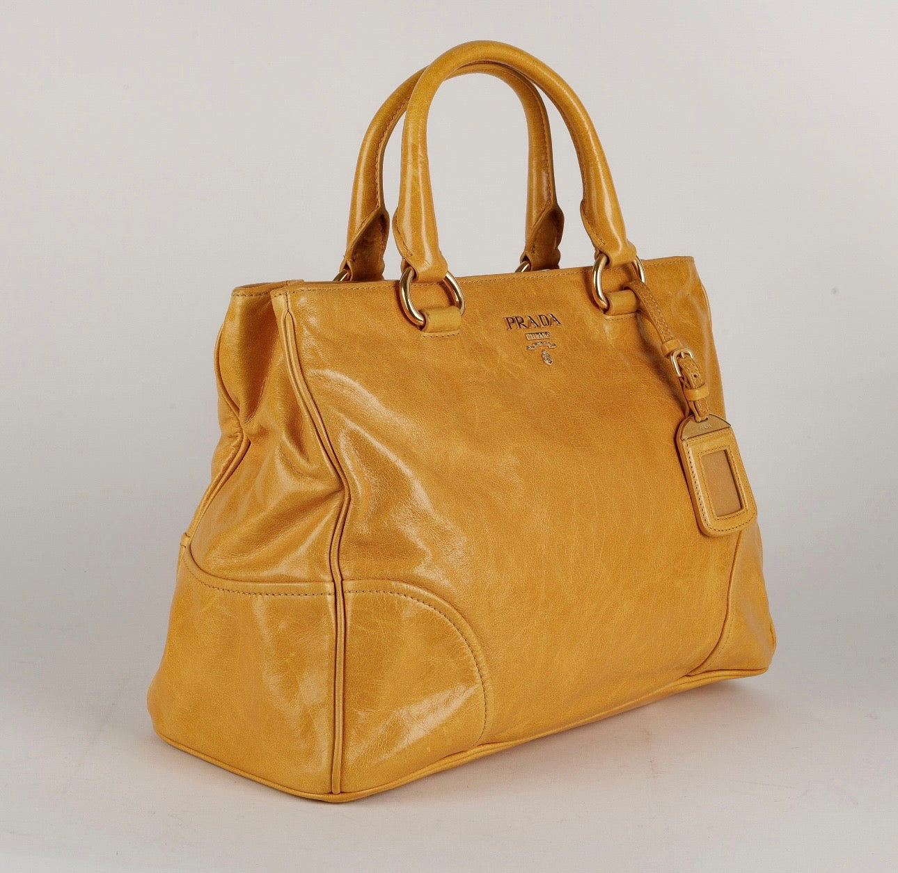Prada Large Vitello Shine 2 Way Tote, Mustard Yellow Aged Calfskin